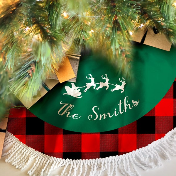 Personalized Christmas Tree Skirt, Plaid Christmas Tree Skirt, Christmas Home Decor, Custom Family Tree Skirt, Fringe Christmas Tree Skirt-D