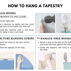Pode incluir: Imagem mostrando instru&ccedil;&otilde;es sobre como pendurar uma tape&ccedil;aria. O texto diz "HOW TO HANG A TAPESTRY". As instru&ccedil;&otilde;es incluem o uso de ganchos de pregos, tiras para pendurar quadros e ganchos sem danos. A imagem inclui ilustra&ccedil;&otilde;es e texto.