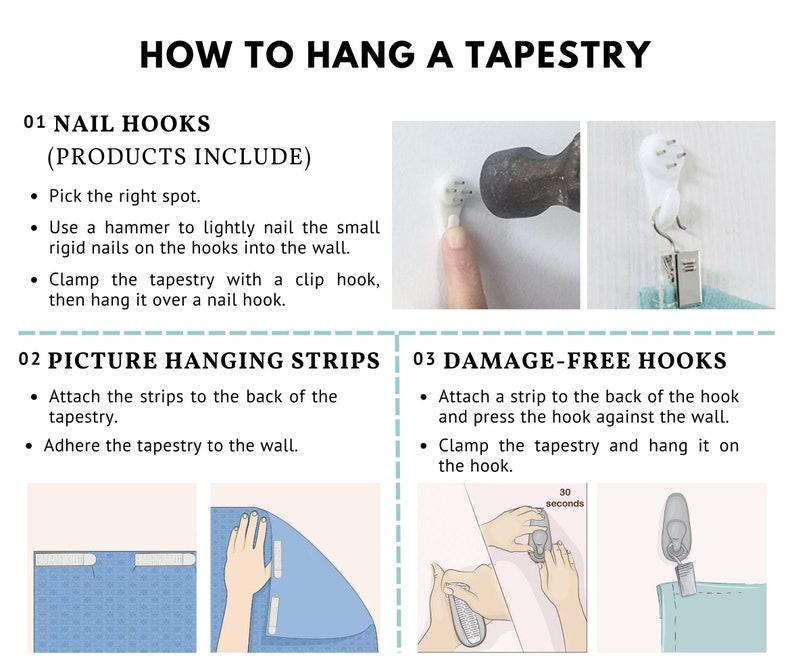 Pode incluir: Imagem mostrando instru&ccedil;&otilde;es sobre como pendurar uma tape&ccedil;aria. O texto diz "HOW TO HANG A TAPESTRY". As instru&ccedil;&otilde;es incluem o uso de ganchos de pregos, tiras para pendurar quadros e ganchos sem danos. A imagem inclui ilustra&ccedil;&otilde;es e texto.