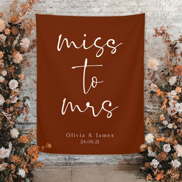 Banner de señorita a señora, telón de fondo de despedida de soltera boho, telón de fondo de boda, banner de futura señora, telón de fondo de boda para recepción, boda en el patio trasero