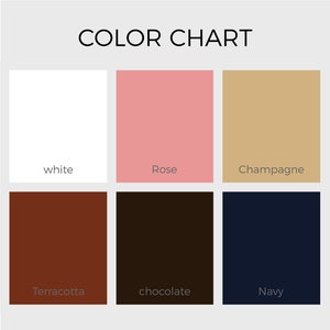 Pode incluir: Um gr&aacute;fico de cores com seis amostras de cores: branco, rosa, champanhe, terracota, chocolate e marinho. O texto "COLOR CHART" est&aacute; na parte superior da imagem.