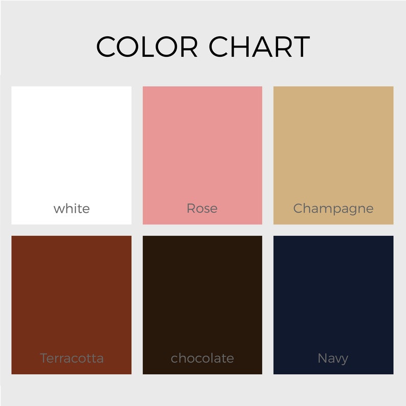 Pode incluir: Um gr&aacute;fico de cores com seis amostras de cores: branco, rosa, champanhe, terracota, chocolate e marinho. O texto "COLOR CHART" est&aacute; na parte superior da imagem.