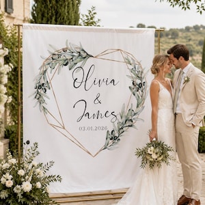 Personalisierte Hochzeit Hintergrund, Olive Greenery Hochzeit Tapisserie, Benutzerdefinierte Geometrische Herz Banner, Hochzeit Photo Booth Decor