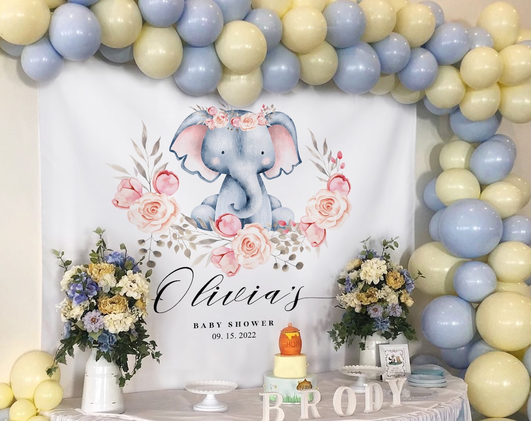 Elephant Baby Shower Backdrop, Pink Flower Elephant Photography