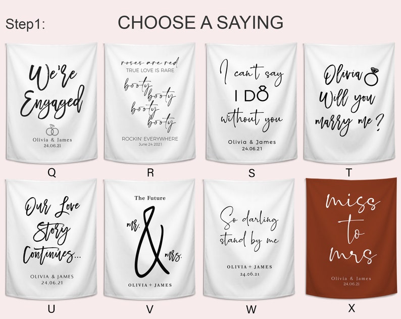 Pode incluir: Banners de tecido branco e ferrugem com texto preto. Apresentam frases como "We're Engaged", "I can't say I do without you" e "Will you marry me?" Ideais para decora&ccedil;&atilde;o de noivado ou casamento.