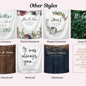 Pode incluir: Cole&ccedil;&atilde;o de designs de tape&ccedil;arias de casamento com v&aacute;rios temas. Os estilos incluem Boho Greenery, Floral & Botanical, Elegant Geometric e Grass Wall. Outros designs apresentam estilos Rustic Barnwood, Backyard e Glamorous. Cada design inclui nomes e datas de casamento.