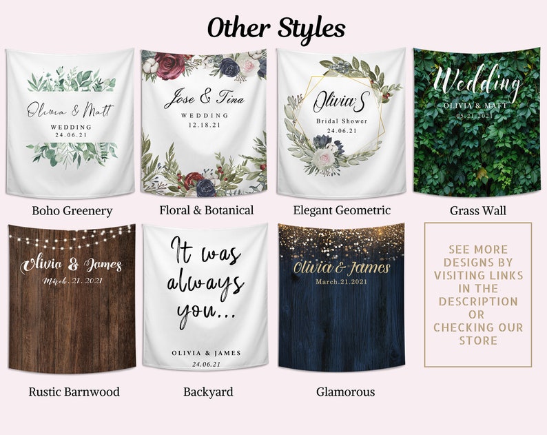 Pode incluir: Cole&ccedil;&atilde;o de designs de tape&ccedil;arias de casamento com v&aacute;rios temas. Os estilos incluem Boho Greenery, Floral & Botanical, Elegant Geometric e Grass Wall. Outros designs apresentam estilos Rustic Barnwood, Backyard e Glamorous. Cada design inclui nomes e datas de casamento.