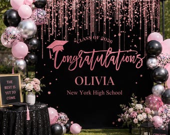Pink Graduation Backdrop,  Class of 2026 Photo Booth Banner, Custom Party Decorations