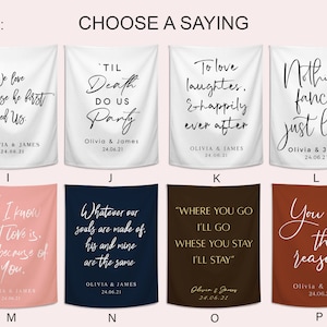 Pode incluir: Uma sele&ccedil;&atilde;o de banners de casamento com v&aacute;rias cita&ccedil;&otilde;es rom&acirc;nticas em escrita preta sobre fundos de cores diferentes. Cada banner inclui os nomes Olivia & James e a data 24.06.21.