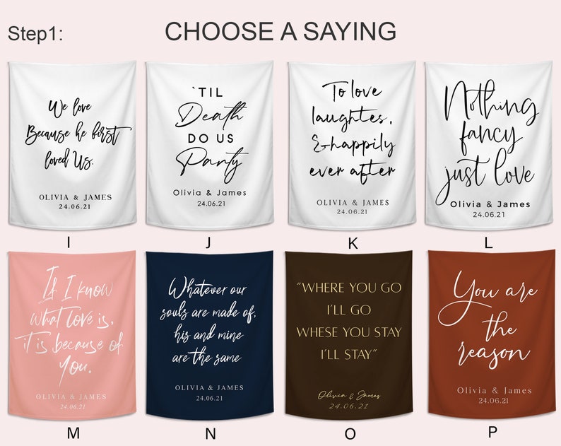 Pode incluir: Uma sele&ccedil;&atilde;o de banners de casamento com v&aacute;rias cita&ccedil;&otilde;es rom&acirc;nticas em escrita preta sobre fundos de cores diferentes. Cada banner inclui os nomes Olivia & James e a data 24.06.21.