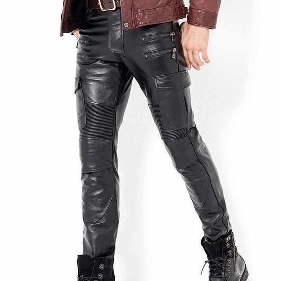 Mens Black Genuine Leather Slim Fit Biker Trouser Pants Gay - Etsy