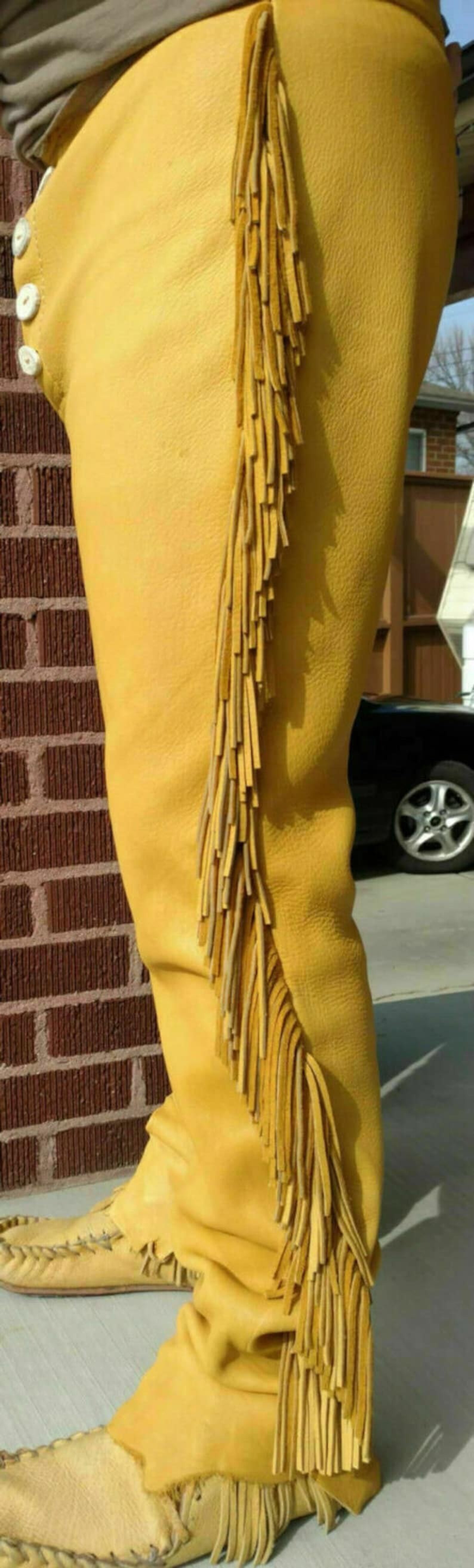 Mens Leather Buckskin Bead Suede Pant Trouser Jeans Yellow Etsy