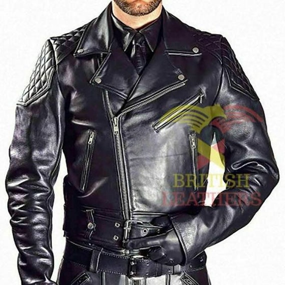 Mens Leather Jacket Padded Bluf Gay Schawarz Party Biker Jacket Shirt Black Lerder Cuir