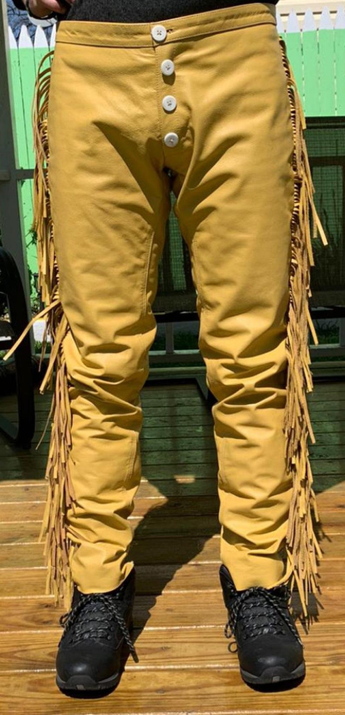 Mens Leather Buckskin Bead Suede Pant Trouser Jeans Yellow Etsy