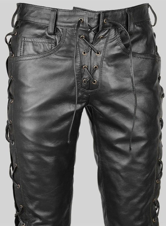 Mens Black Genuine Leather Slim Fit Biker Trouser Pants Gay | Etsy