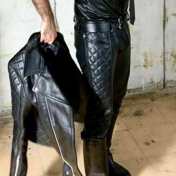 Men's Black Genuine Leather Slim Fit Biker Trouser Pants Gay Lederhosen Cuir Schwarz Padded Bluf