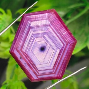 Peut inclure: Une pierre précieuse hexagonale facettée, de couleur magenta profond, présentant des motifs géométriques concentriques. La gemme est tenue par des pinces argentées sur un fond de feuillage vert. Le centre de la pierre présente une inclusion circulaire sombre.