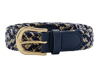 30mm Elasticated Stretch Belt - Multicoloured with Gold Buckle | Available in 5 Colours and 6 Sizes - Navy / Beige Mix