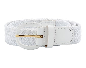 30mm White Elasticated Stretch Belt with Leather Covered Buckle | Suitable for Both Ladies and Men | Available in 6 Sizes