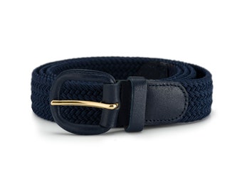 30mm Navy Blue Elasticated Stretch Belt with Leather Covered Buckle | Suitable for Both Ladies and Men | Available in 6 Sizes