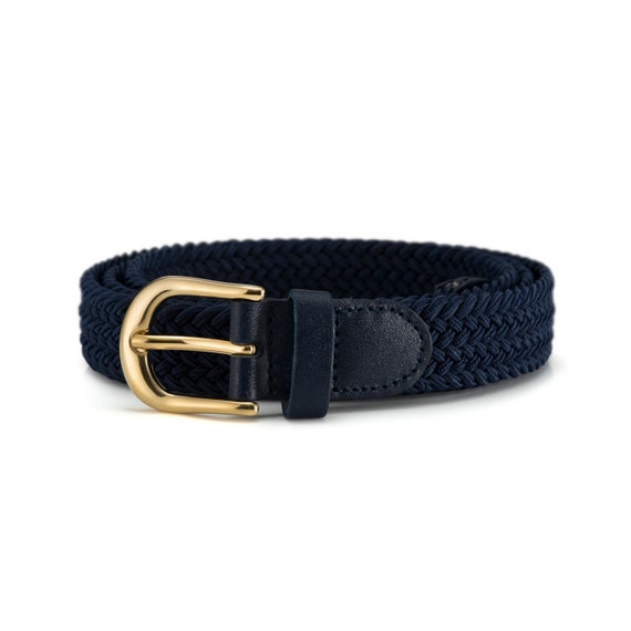 ladies navy belts for dresses 25mm Navy Blue Ladies Elasticated Stretch Belt With Gold Buckle | Available  in 10 Colours and 5 Sizes