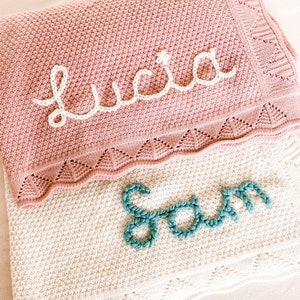 Custom Knit Baby Blanket - Hand Embroidered Name - Baby Gift - Baby Announcement - Family Pictures -Unique Gift - Newborn Pictures-Mom to be