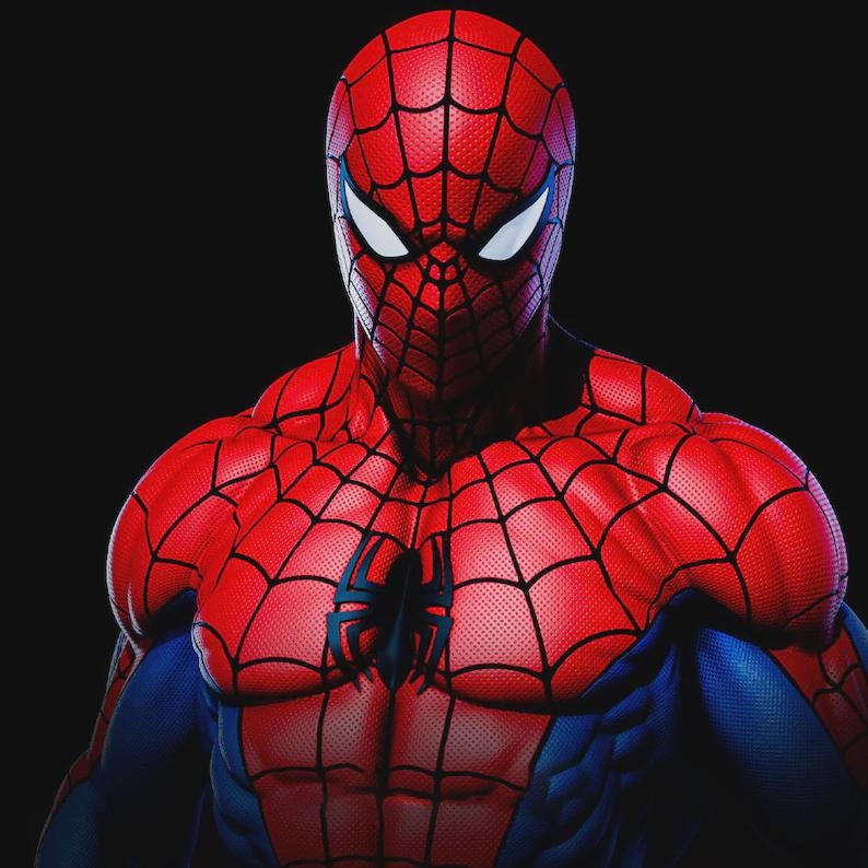 May include: A detailed depiction of Spider-Man, a superhero, in a dynamic pose. The costume is predominantly red with black web patterns and blue accents. The iconic spider emblem is centered on the chest, set against a dark background.