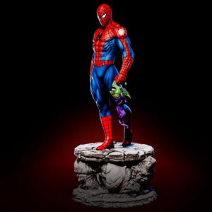 May include: A detailed figurine of Spider-Man in a dynamic pose, clad in a red and blue suit, holding the Green Goblin. The statue stands on a rocky base against a dark background, showcasing the iconic comic book characters.