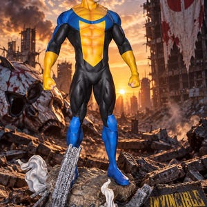 Könnte beinhalten: Eine Invincible-Sammelfigur, die auf einem mit Trümmern gefüllten Sockel steht. Die Figur trägt einen blau-gelb-schwarzen Anzug mit einem gelben Brustemblem. Der Sockel zeigt das Wort Invincible in gelben Buchstaben inmitten von Trümmern.