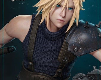 Könnte beinhalten: Detaillierte Figur von Cloud Strife aus Final Fantasy VII. Die Figur hat stachelige blonde Haare, blaue Augen und trägt ein dunkelblaues ärmelloses Oberteil, einen Werkzeuggürtel und einen Schulterschutz aus Metall. Die Figur ist von Nom Nom Figures.