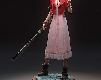 May include: A detailed figurine of a woman in a red jacket and pink dress, holding a staff and a white orb. The figure stands on a floral base with yellow flowers. The figurine is a collectible item.