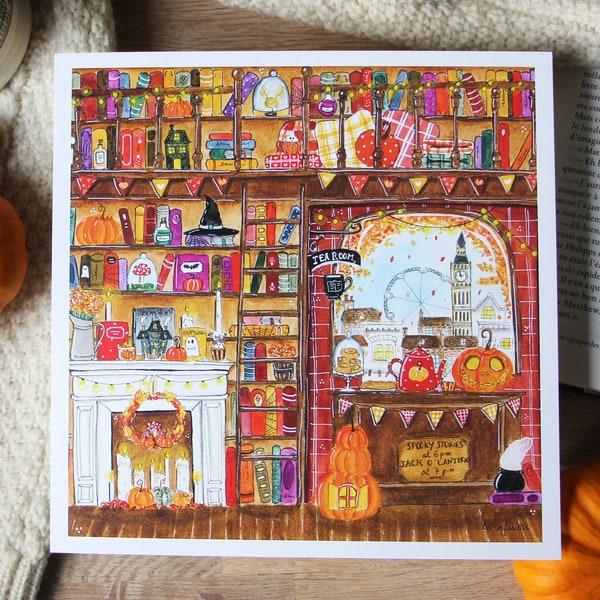 Journée d'automne à la librairie - Impression d’Art - illustration aquarelle