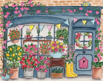 La petite boutique de fleurs - Impression d’Art - illustration aquarelle