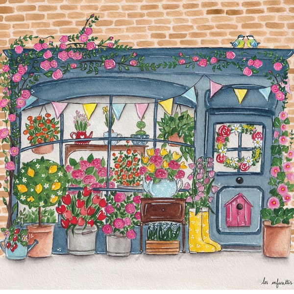 La petite boutique de fleurs - Impression d’Art - illustration aquarelle