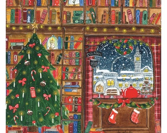 Christmas at the little bookstore - Art Print - watercolor illustration