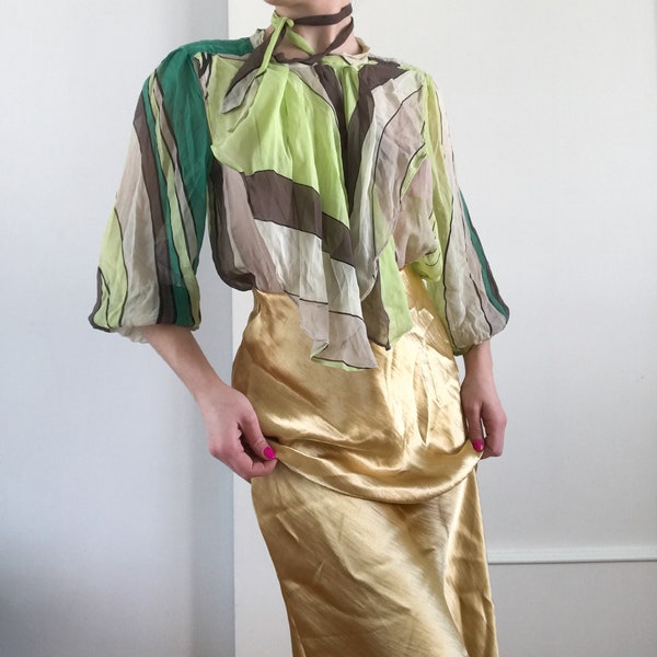 Diane Von Furstenberg Ruffle Chiffon Ruffle Blouse in Green and Beige, Vintage Designer Top