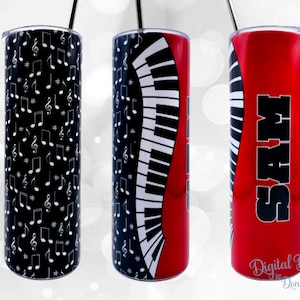 Add Your Own Text Name Sublimation Tumbler Designs, Red Black Music Notes 20 oz Skinny Tumbler Template, Seamless Digital Download PNG