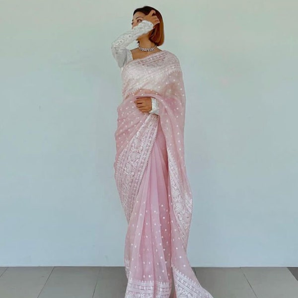 Light Pink Crystal Organza Saree With All Over Floral Work, Embroidery Work Beautiful Saree, Hand Work Saree, Party Wear Saree, Saree Blouse