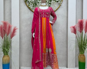 Beautiful Orange Pink Anarkali With Round Neck Full Embroidery, Comfortable georgette Anarkali with tunic Pink Dupatta set Free ship