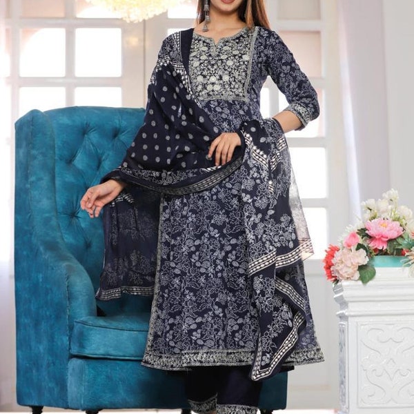 Alia Cut Kurti-Blue Designer Nayra cut style kurti_with Bandhani Fabric sequins & Embroidery With Pants Paired With Dupatta