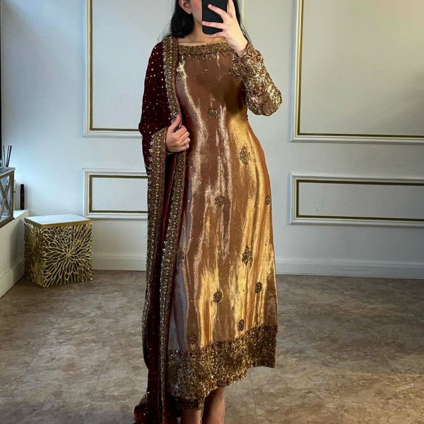 Pakistani Jimmi Chu Silk Brown Embroidery Straight Kurta set with Pant Georgette Dupatta, Sleeves , Beautiful 3 pc Salwar Kameez Readymade