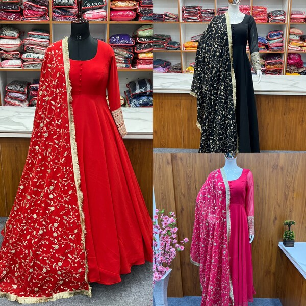 Beautiful Hot Red Full Flared Long Anarakli Kurta with 3/4 Sleeves and Dupatta, Diamond Lace Partywear Anarkali Dresses upto 3xl