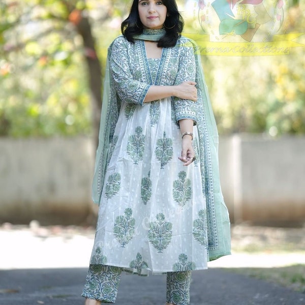 Premium pure cotton printed long kurti with pant and dupatta set, cotton salwar kameez, cotton kurta set, suits for women up 3XL