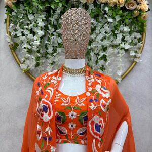 Rust Orange Georgette Crop Top with Saree & Shrug main image 1