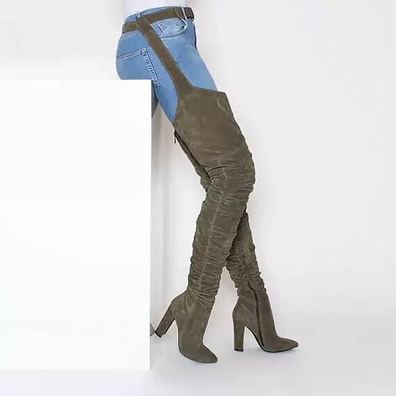 Thigh high boots top with strap around waist