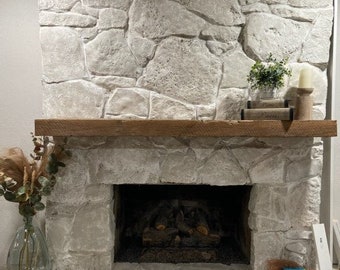 May include: A white stone fireplace with a wood mantel and a black fireplace insert. The fireplace is decorated with a small potted plant and a few books.