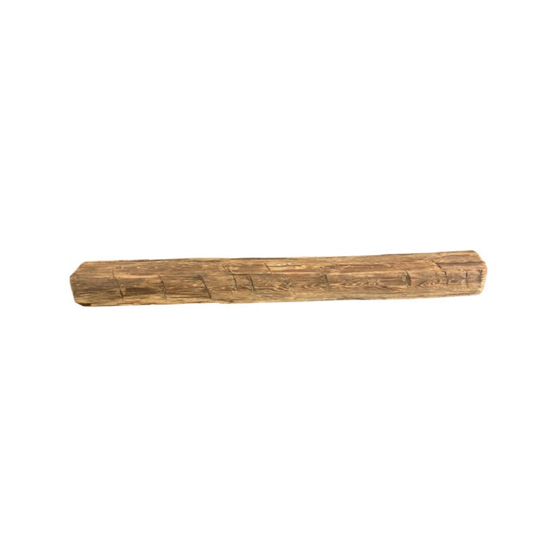 May include: A rustic wooden mantel shelf with a natural brown finish and a rough, textured surface.