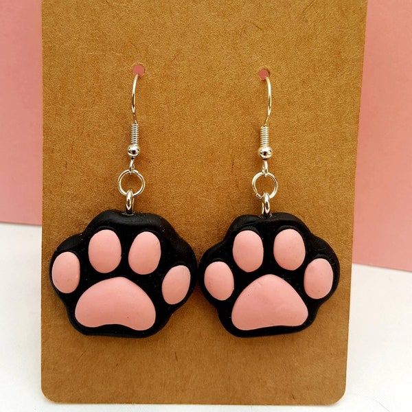 Handmade black cat paw print polymer clay earrings