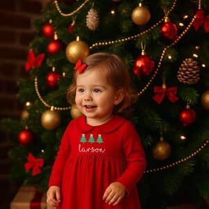 Può includere: Una bambina indossa un vestito rosso con colletto bianco e maniche lunghe, ricamato con alberi di Natale e il nome "Larson". Indossa scarpe rosse e calzini bianchi, in piedi davanti a un albero di Natale decorato.