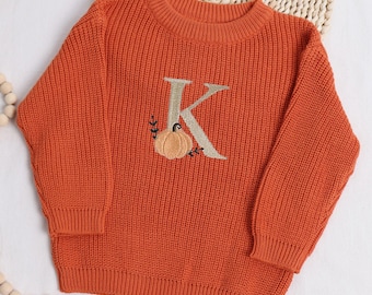 Pompoen herfst monogram oversized Halloween Boo kinderen peuter baby trui, Thanksgiving, herfst outfit, herfst trui, geborduurde gebreide truien